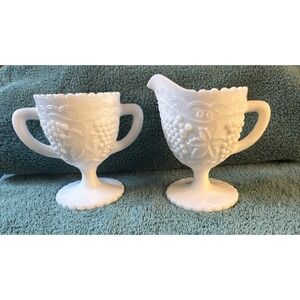 Indiana Milk Glass Colony Harvest Grape Pattern Creamer and‎ Sugar Bowl Set  VTG